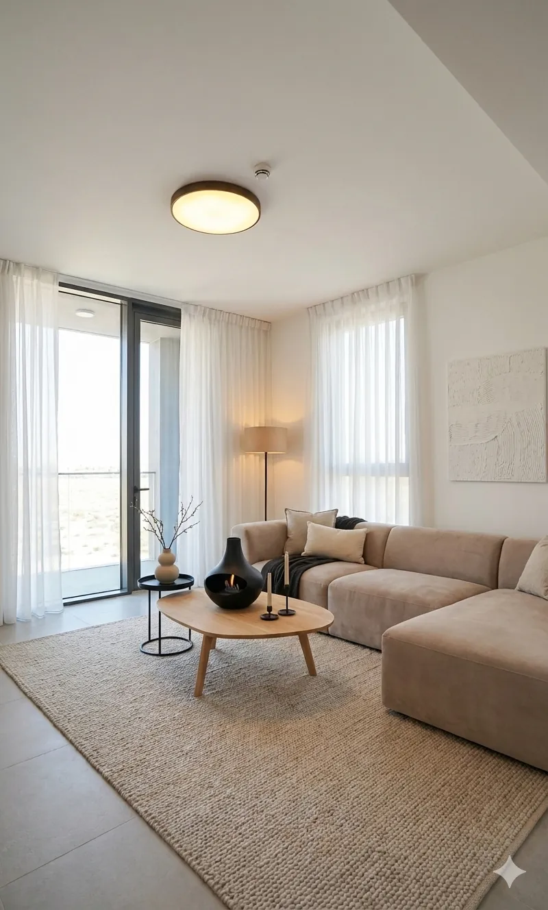 A warm, sunlit apartment living room with oak floors