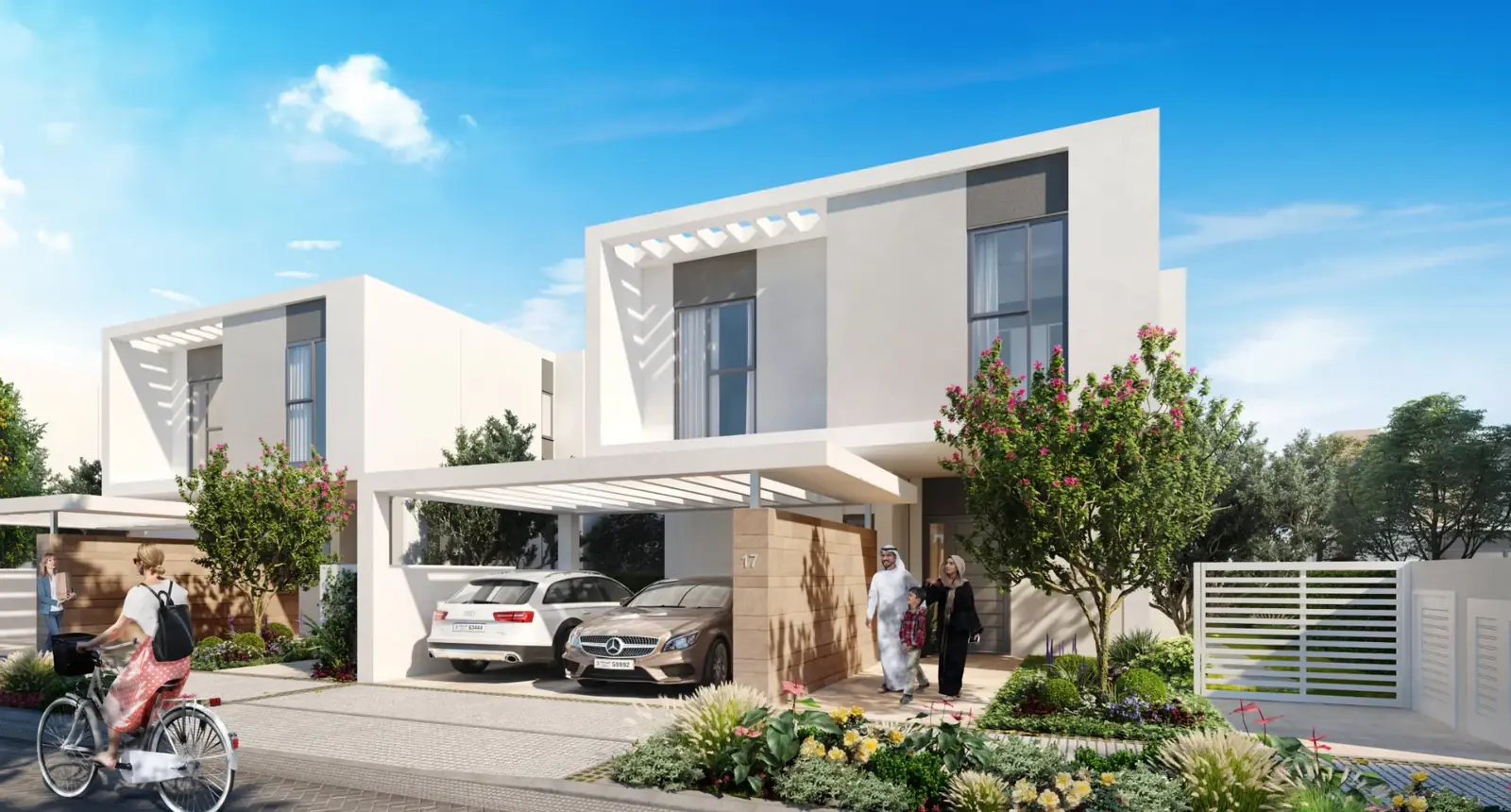 Contemporary white family villas with landscaped gardens in Al Zahia, Sharjah